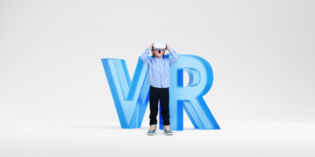 Excited child in virtual reality with opened mouth and headset looking up, large blue glass letters...