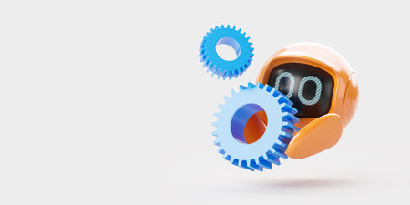 Cartoon robot holding a gear on copy space empty background. Artificial intelligence helping or...