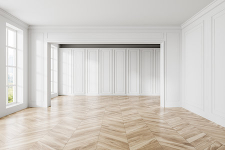 Modern white classic empty room interior with hardwood floor, living or cooking space with molding wall and panoramic window on Bangkok skyscrapers. No furniture, no people. 3D renderingの写真素材