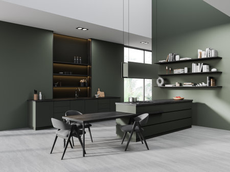 Dark home kitchen interior with dining table and bar counter, side view shelf with decoration. Stylish cooking corner with panoramic window on tropics. 3D renderingの写真素材