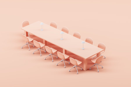 Top view of pink business room interior with chairs and long meeting board. Office conference corner with minimalist furniture for negotiation and discussion. 3D rendering illustrationの写真素材