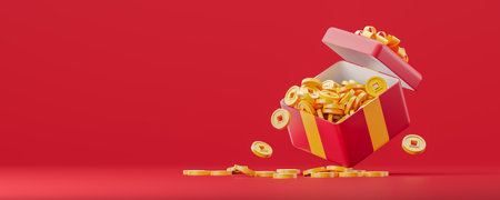 Red gift box full of Chinese golden lucky coins, empty copy space background. Concept of finance, present, wish and celebration. 3D rendering illustrationの写真素材