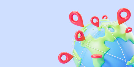 Cartoon earth sphere with red location pin, empty copy space blue background. Concept of logistics,...
