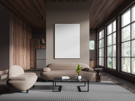 Brown wooden studio interior with sofa and coffee table, carpet on hardwood floor. Lounge and cooking zone, panoramic window on tropics. Mock up blank canvas poster. 3D renderingの写真素材