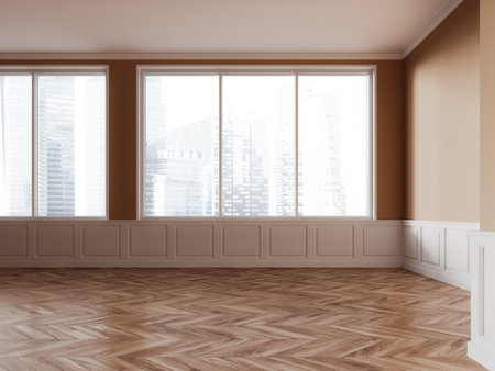 Stylish classical home empty room interior with hardwood floor, molding wall and panoramic window on Singapore skyscrapers. Modern open space hall with no furniture, no people. 3D renderingの写真素材