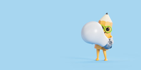 View of cute yellow pencil holding big light bulb standing over blue copy space background. Concept...
