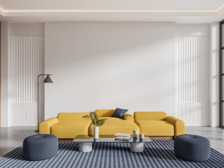 Elegant home living room interior with yellow sofa and blue pouf, minimalist decoration and lamp on carpet, light granite floor. Mock up copy space blank wall. 3D renderingの写真素材