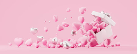 Lots of pink and silver hearts falling out of gift box. Wide format banner. Concept of love letter, present and valentine's day. 3D rendering illustrationの写真素材
