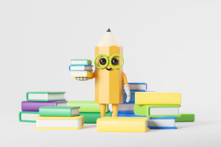 Cute yellow pencil standing among piles of books over white background. Concept of education and reading. 3d renderingの写真素材