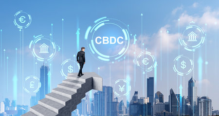 Businessman on top of the stairs arrow, central bank digital currency with diverse money icons and arrows hud. Panoramic Bangkok cityscape. Concept of business goal, leadership, growth and successの写真素材