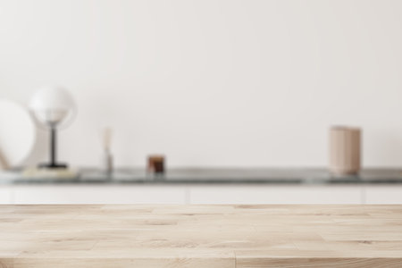 Mock up empty wooden table on blurred background of living room, sideboard or drawer with minimalist decoration. Copy space for product display. 3D renderingの写真素材