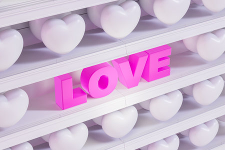 Top view of market shelf with pink love lamp and hearts, valentines day gifts store. Concept of holiday, celebration and online shopping. 3D rendering illustrationの写真素材