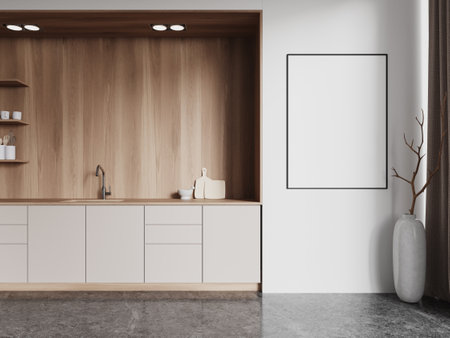 Cozy home kitchen interior with cooking cabinet, sink and kitchenware. Luxury cooking space with shelves and decoration. Mockup canvas poster on wall. 3D renderingの写真素材