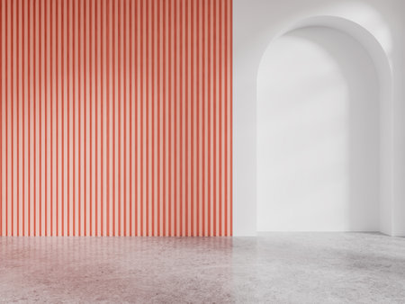 Light empty living room interior with gray concrete floor, arch mock up copy space. Modern apartment design with colored empty walls. No furniture, no people. 3D renderingの写真素材