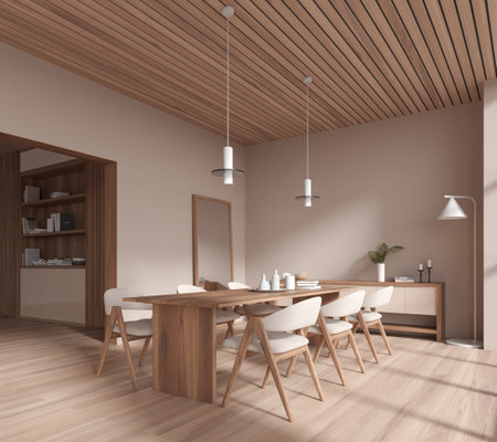 Corner of stylish dining room with beige walls, wooden floor, long dining table with white chairs and big mirror standing on the floor. 3d renderingの写真素材
