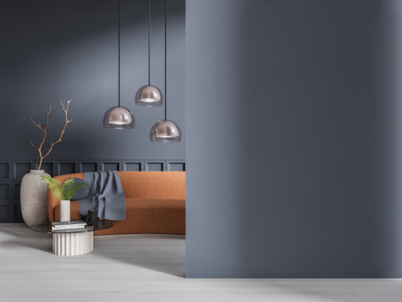 Blue home living room interior with brown sofa, coffee table with decoration, light hardwood floor. Relax space with mock up empty wall partition. 3D renderingの写真素材