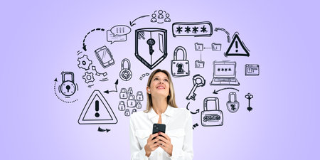Happy dreaming woman look up at different doodle sketch, cybersecurity symbols with locks and...