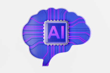 Cartoon brain and AI CPU chip, digital connection lines on empty white background. Concept of...