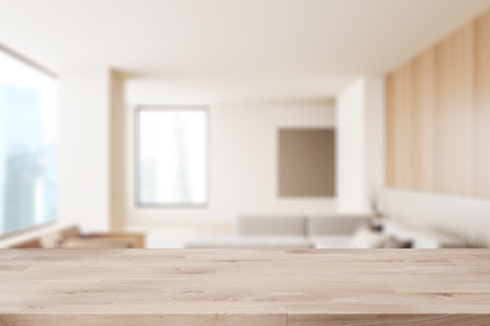 Empty wooden table on background of blurred cozy living room interior, sofa and armchairs with panoramic window on skyscrapers. Mockup copy space for product display. 3D renderingの写真素材