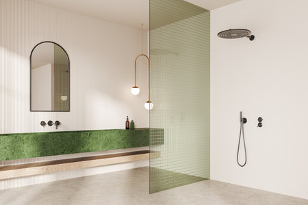 Cozy hotel bathroom interior with sink and shower and glass partition, side view. Luxury bathing corner with minimalist furniture in modern apartment. 3D renderingの写真素材
