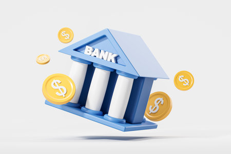 Cartoon blue bank with columns, gold dollar coins flying on light background. Concept of money investment, deposit and credit. 3D rendering illustrationの写真素材