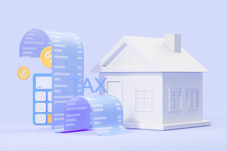 Cartoon house building and a long check bill with calculator. Payment for real estate, charges or fee. Concept of tax, mortgage and debts. 3D rendering illustrationの写真素材