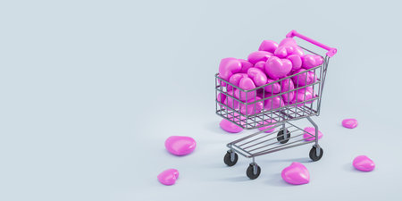 Trolley full of cartoon pink hearts on empty copy space background. Romantic gift and present. Concept of love, valentines day and online shopping. 3D rendering illustrationの写真素材