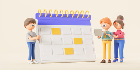Cartoon character people teamwork, standing near large mockup calendar. Concept of planning, time management, coworking and schedule. 3D rendering illustrationの写真素材