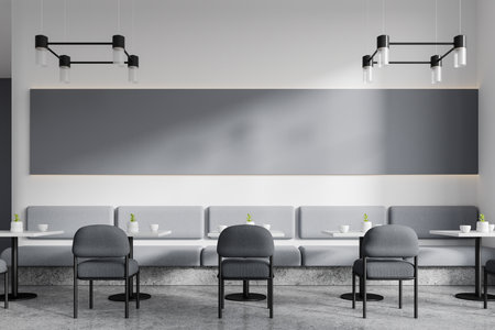 Gray and white restaurant interior with chairs and tables in row, mockup copy space empty banner. Minimalist cafe eating space with sofa. 3D renderingの写真素材
