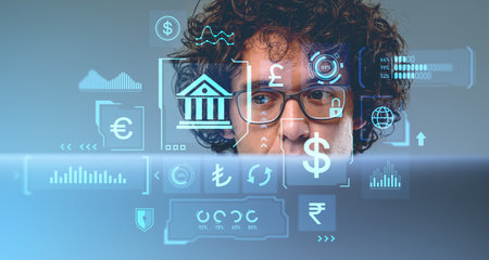 Businessman portrait and central bank digital currency with different icons, financial dashboard and...