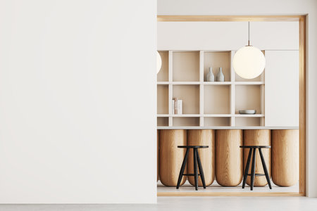 Cozy beige restaurant interior with bar counter and stool in row, shelf with dishes and decoration. Elegant dining space with mockup copy space wall partition. 3D renderingの写真素材