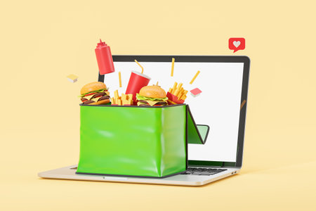 Mockup laptop display and mockup green courier bag with fast food, positive feedback on service....