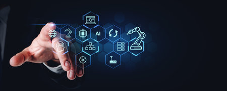 Man finger touching virtual screen, hud hologram with factory icons, machine learning and robot...