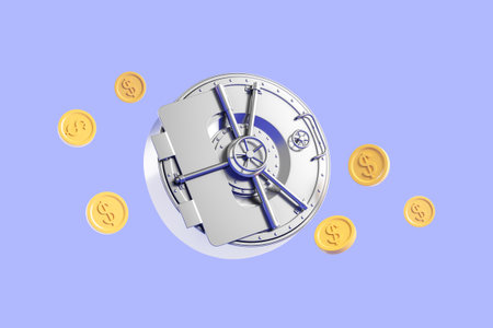 Metal bank vault, safe with falling dollar coins on blue background. Concept of secure space where money, valuables, records, and documents are stored. 3D rendering illustrationの写真素材