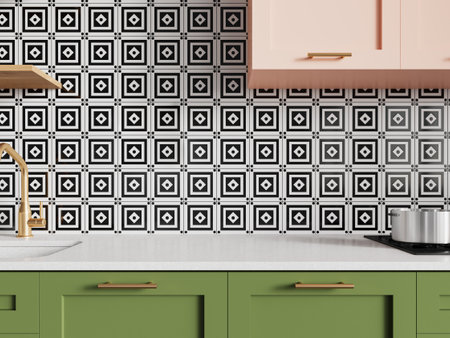Modern home kitchen interior with sink and stove, quartz counter with green and pink shelves. Closeup of minimalist cooking space in stylish studio apartment. 3D renderingの写真素材
