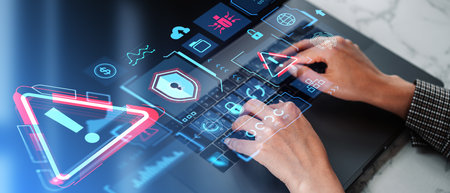 Hands of businesswoman using laptop at office table with double exposure of immersive cybersecurity...