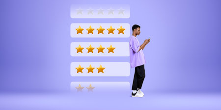 Black man using phone, giving low or high rating online, virtual screen with stars. Customer...