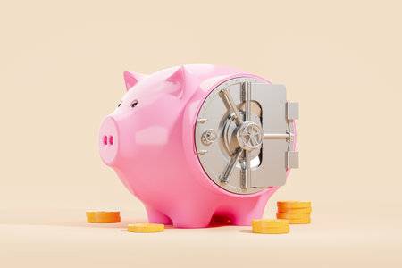 Pink piggy moneybox with metal safe, vault and stack of gold coins, beige background. Concept of savings, safety and money storage. 3D rendering illustrationの写真素材