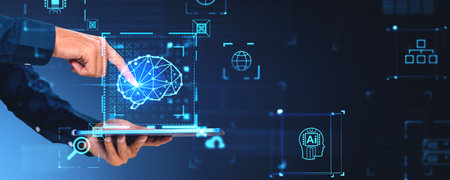 Man finger touch hologram with AI brain and technology icons. Artificial intelligence, chat bot,...