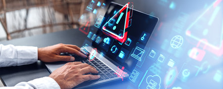 Hands of businessman using laptop computer in blurry office with double exposure of immersive...