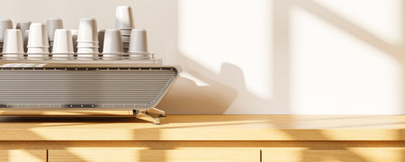 Coffee machine with many paper cups, wooden table and empty shadow wall copy space. Restaurant,...