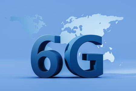 Large 6G text and world map, wireless internet connection on blue background. Global network high speed network. Concept of new technology and www. 3D rendering illustrationの写真素材