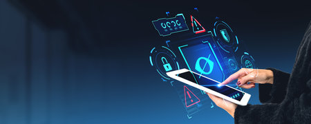 Woman finger touch tablet screen, sensitive content hologram hud with crossed eye, padlock, warning...