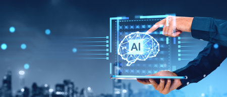 Hands of businessman using tablet with AI artificial intelligence brain interface in night city....