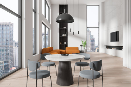 Interior of modern dining room with white walls, wooden floor, cozy round dining table with chairs...
