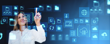Woman finger touch big data exchange hologram, digital folders and files cloud storage, documents...