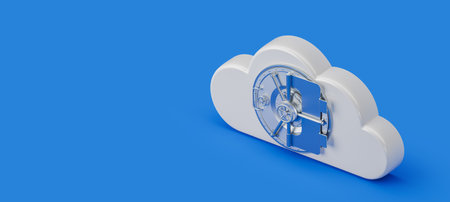 Top view of cloud shaped bank vault door, empty copy space blue background. Concept of data security, money protection and confidential information. 3D rendering illustrationの写真素材