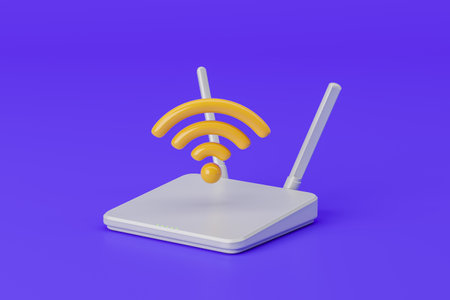 White wifi router with two antenna, yellow internet connection symbol on colored background. Concept of connectivity, signal and technology. 3D rendering illustrationの写真素材