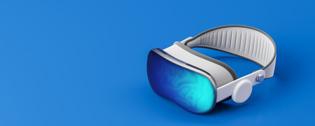 View of new VR virtual reality glasses over blue copy space background. Concept on hi tech,...