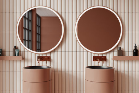 Beige hotel bathroom interior with double sink, shelf with minimalist accessories and two round mirrors in row. Bathing space in modern contemporary apartment. 3D renderingの写真素材